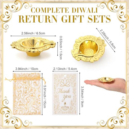 36-Piece Brass Diya Return Gift Set for Diwali Pooja with Cards & Bags - Indian Festival