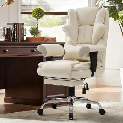 Executive Heated Massage Office Chair with Footrest - Beige