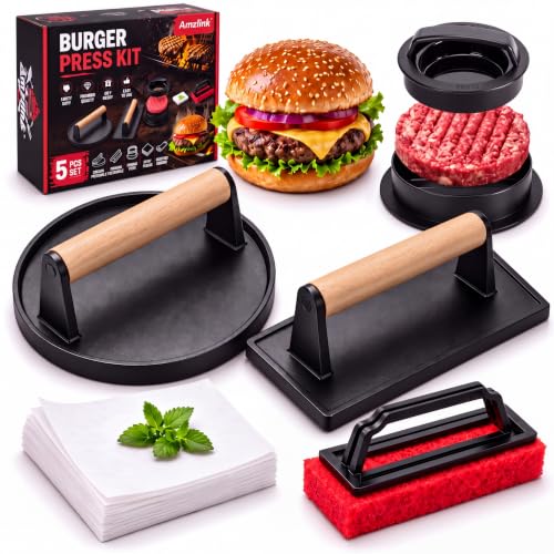 Cast Iron Burger Press Kit with Patty Maker & Steak Weight - Smashing & Grilling
