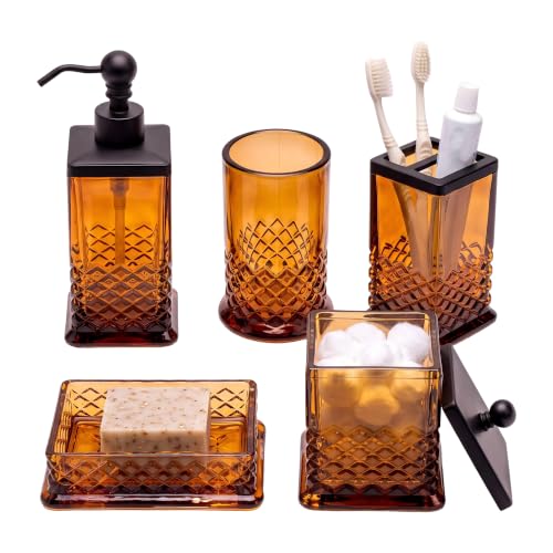Amber Glass Bathroom Accessory Set - 5-Piece Vintage Style Accessories