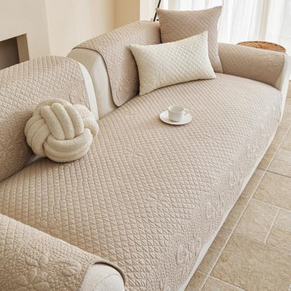 Cotton Quilted Couch Cover for Sofa - Khaki, 35.4 x 47.2 Inches, Rectangular - Farmhouse Style, Non-Slip