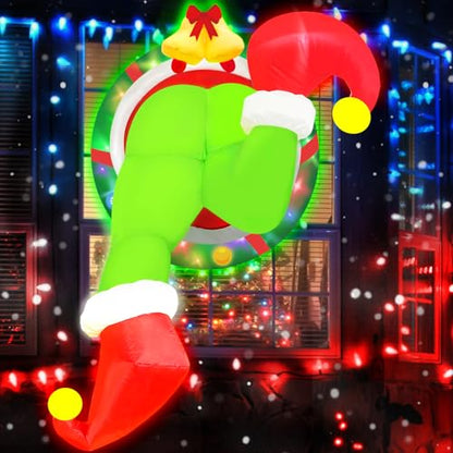 4Ft Christmas Inflatable Outdoor Decorations with LED Lights - Grinch Wreath & Window Breakout