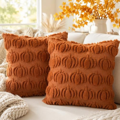 Orange Fall Pumpkin Throw Pillow Covers Set of 2, 18x18 Plush Cushion Case