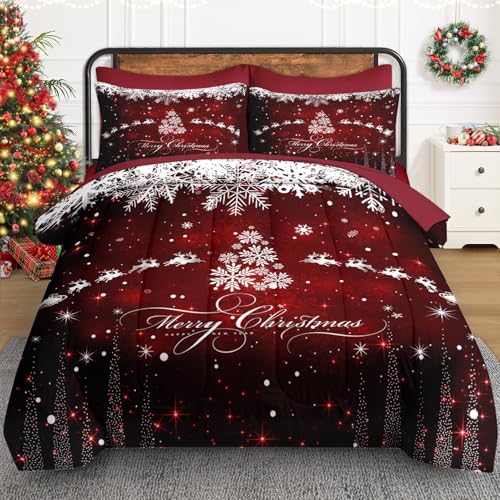 Queen Christmas Snowflake Comforter Set with Sheets - 7 Pieces Dark Bedding