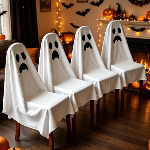 Halloween Ghost & Pumpkin Chair Covers Set - 4 Pieces, Festive Seat Wraps (Variation of Ghost)