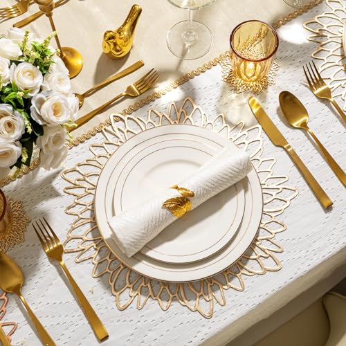 Gold Placemats Set of 12 with Coasters - Round Vinyl Table Mats for Holiday and Wedding Decor