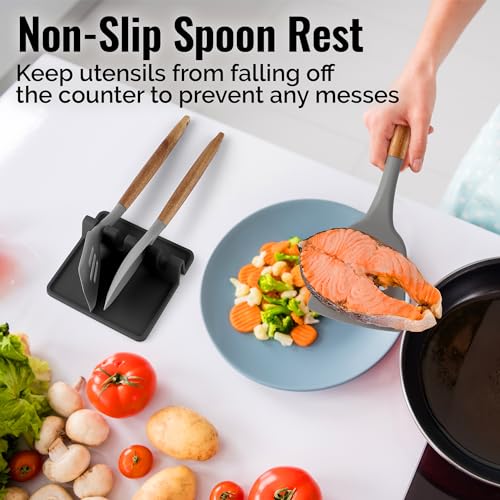 Zulay Kitchen Silicone Utensil Rest with Drip Pad for Multiple Utensils - BPA-Free, Heat-Resistant Spoon Rest & Spoon Holder for Stove Top - Kitchen Utensil Holder for Ladles & Tongs - Black