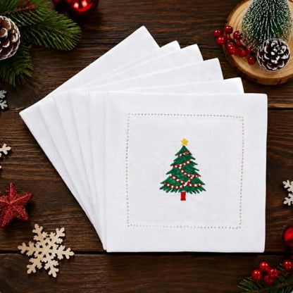 Christmas Linen Cocktail Napkins Set - Hemstitch 6 Pack - Xmas Tree Variation