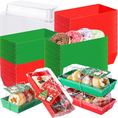 100 Pack Christmas Charcuterie Boxes with Clear Lids, Ropes & Cards - 7.5 Inch Dessert Containers for Cookies, Cakes, Pastries, Xmas Party Favors