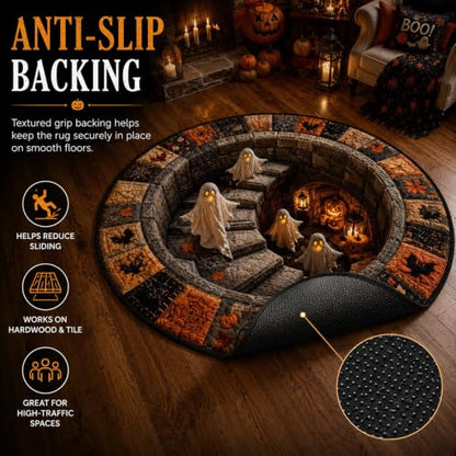 3D Haunted Staircase Round Rug - Optical Illusion Halloween Mat 39.4in Diameter