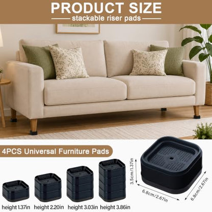 Heavy Duty Adjustable Furniture Risers - Stackable Bed Risers Black 4 Pack