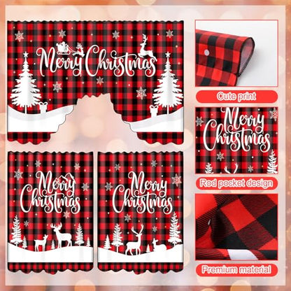Christmas Kitchen Curtains Set - Red Black Buffalo Plaid Window Decor, 6 Pieces Variation 6