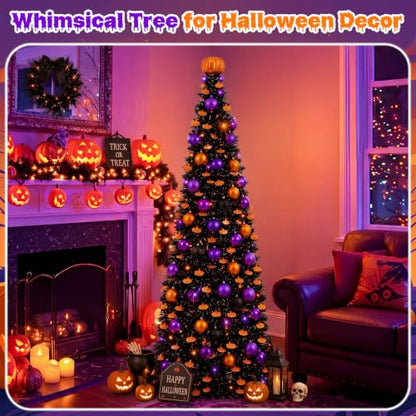 Halloween Pop-up Black Wire Tree with Pumpkin Top, 5ft Tinsel Tree with Lights & Ornaments - Variation of THIS listing