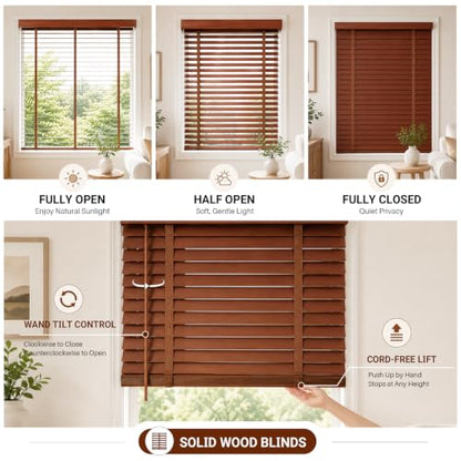 Dark Walnut Custom Size Wooden Blinds - Cordless Venetian Window Shades with 2" Slats for Room Darkening & Privacy