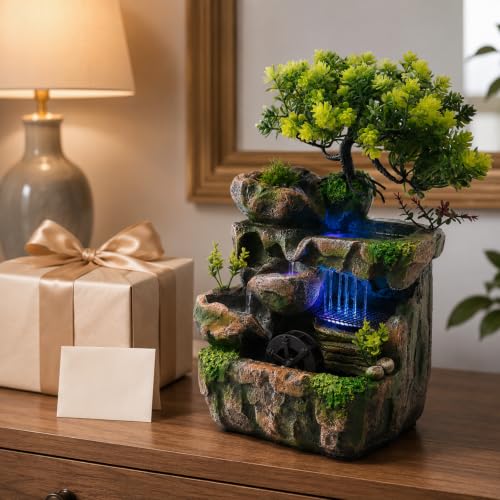 Indoor Tabletop Water Fountain with LED Light - Rockery Waterfall Decor