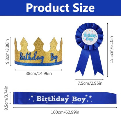 Blue Crown Set for Birthday Celebration - King Crown Hat with Sash & Badge