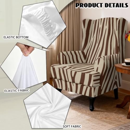 Brown Zebra Print Wingback Chair Slipcover Set of 2 - Non Slip, Stain & Pet Resistant