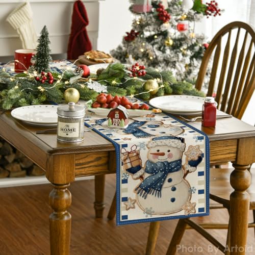 Snowman Gift Winter Table Runner 13x120 Inches Blue Holiday Decor