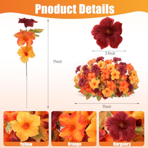 Artificial Petunias Flowers Set - Burgundy, Orange & Yellow, UV Resistant Outdoor