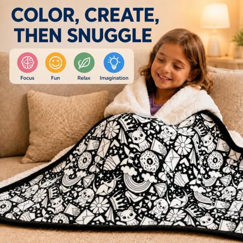 DIY Cartoon Pattern Flannel Blanket Kit with Fabric Markers - Color Your Own Art Blanket, 50x59 Inches