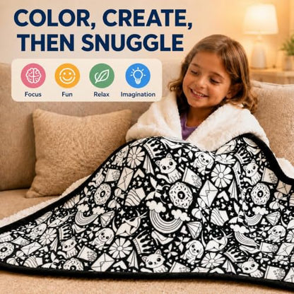DIY Cartoon Pattern Flannel Blanket Kit with Fabric Markers - Color Your Own Art Blanket, 50x59 Inches