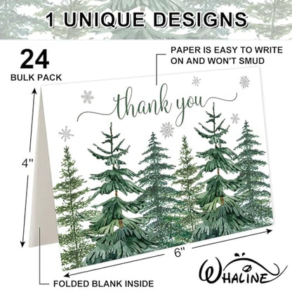 Christmas Thank You Cards Set with Envelopes & Stickers - Watercolor Pine Forest, 4x6 Inches