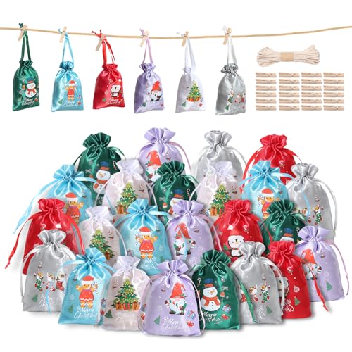 24 Pcs Small Satin Christmas Gift Bags with Drawstring – 4x6 Inch Holiday Treat Bags