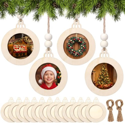 Christmas Photo Frame Ornaments Set - 12 Wooden Holiday Decorations with Beads & Ropes (Classic)