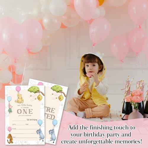 Winnie First Birthday Invitations Set with Envelopes - 25 Pack