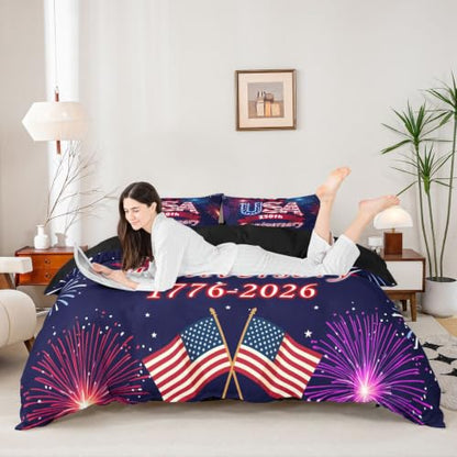 USA Patriotic Duvet Cover Set - Full Size Violet Merlot Bedding 3Pcs