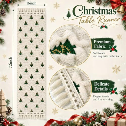 Christmas Table Runner 13x72 Inch with Tassels and Festive Tree Design - Soft Plush, Holiday Decor