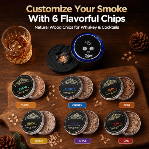 Electric Whiskey Smoker Kit with 6 Wood Chips & Colorful LED Lights - Black