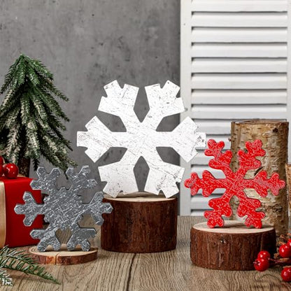 Wooden Snowflake Decor Set - Christmas Winter Holiday Ornaments - Gray & Red, Antique Style