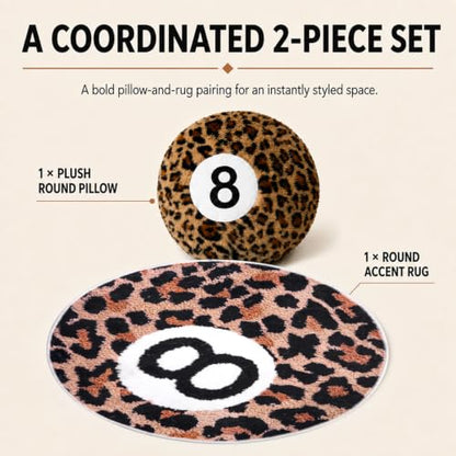Cheetah Print 8 Ball Rug and Throw Pillow Set - Circular Home Decor for Teen Dorm
