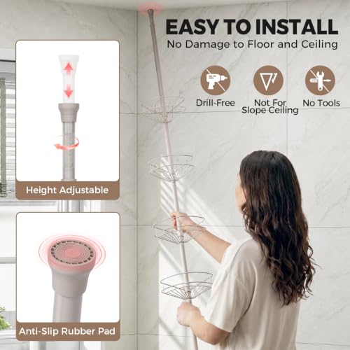 TOOLF Corner Shower Caddy Tension Pole 4-Tier Bathroom Organizer Gray