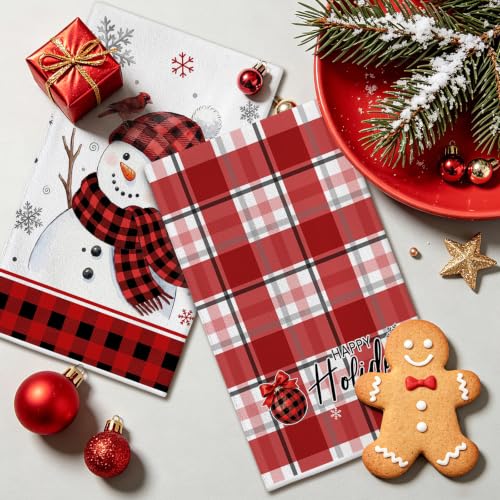 Christmas Kitchen Towels Set of 4 - Red Plaid Hand Towels for Holiday Decor - 16x23.5 Inch