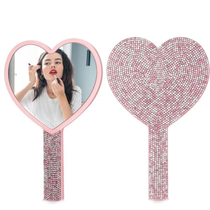 Pink Heart Handheld Mirror with Rhinestones - Compact Makeup & Gift