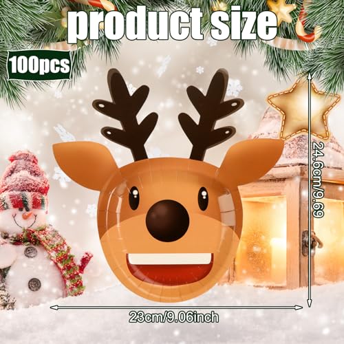 100 Pcs Reindeer Christmas Paper Plates 9.7 Inch Disposable Holiday Dinnerware