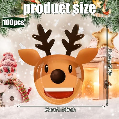 100 Pcs Reindeer Christmas Paper Plates 9.7 Inch Disposable Holiday Dinnerware