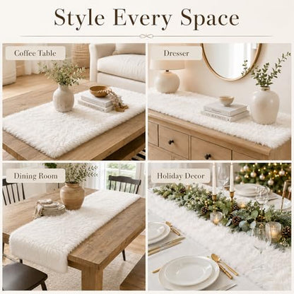 Faux Fur Table Runner 12x36 Inch White Christmas Decor Cozy Holiday Dining