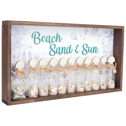 Beach Memory Shadow Box with Glass Bottles & Shells - Rustic Wooden Coastal Decor