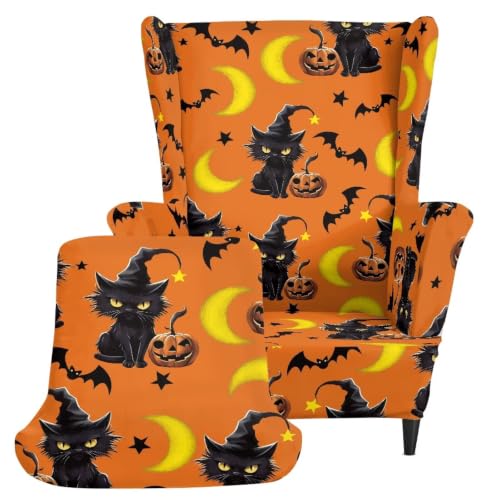 Cat Pumpkin Armchair Slipcover for Wingback Chairs - 2 Piece Set