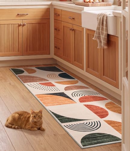 Boho 2x6 Beige and Terracotta Runner Rug - Non Slip Washable Mid-Century Style