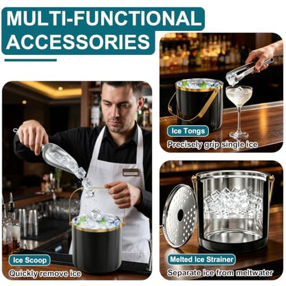 Black and Gold 3.2L Double Wall Ice Bucket with Lid, Scoop & Tongs