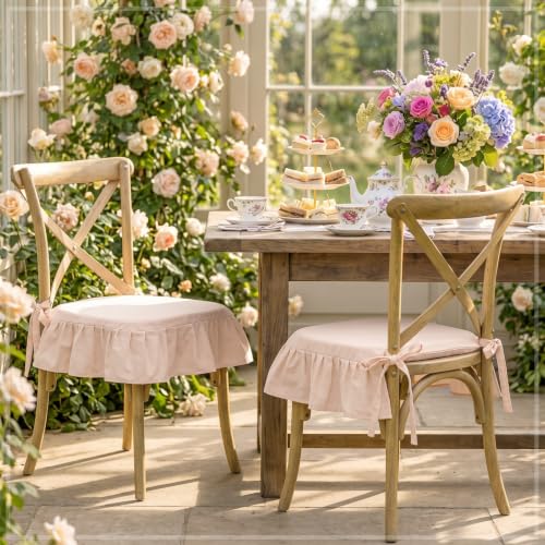 Farmhouse Beige Ruffled Chair Cushion Covers 17.5 x 17.5 Inches - Set of 2