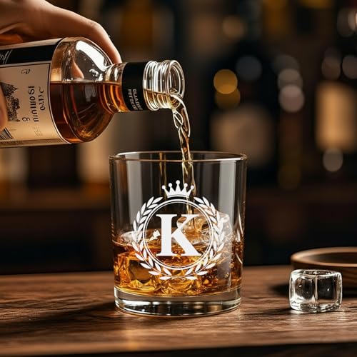 Personalized Whiskey Glass for Men - Monogrammed A–Z 10 oz Old Fashioned Rocks Glass with Gift Box - Variation K