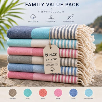 Turkish Cotton Beach Towels Set - 6 Lightweight Quick-Dry Oversized Towels