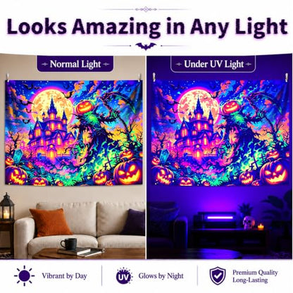 Halloween Blacklight Tapestry Glow-in-The-Dark Wall Hanging Decor - Spooky Pumpkin Scarecrow 90"x70"