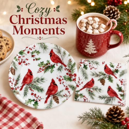 Christmas Paper Plates and Napkins Set - Cardinal Holiday Design - 50 Pieces