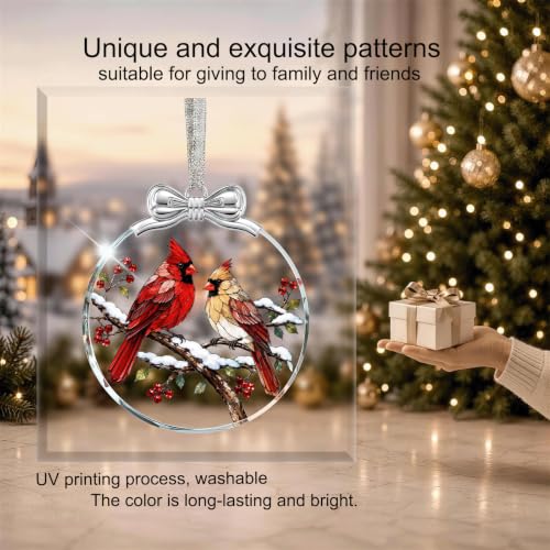 Two Cardinals Bird Christmas Ornament Glass 3 x 3.3 Inches - Holiday Tree Decoration - Variation 01